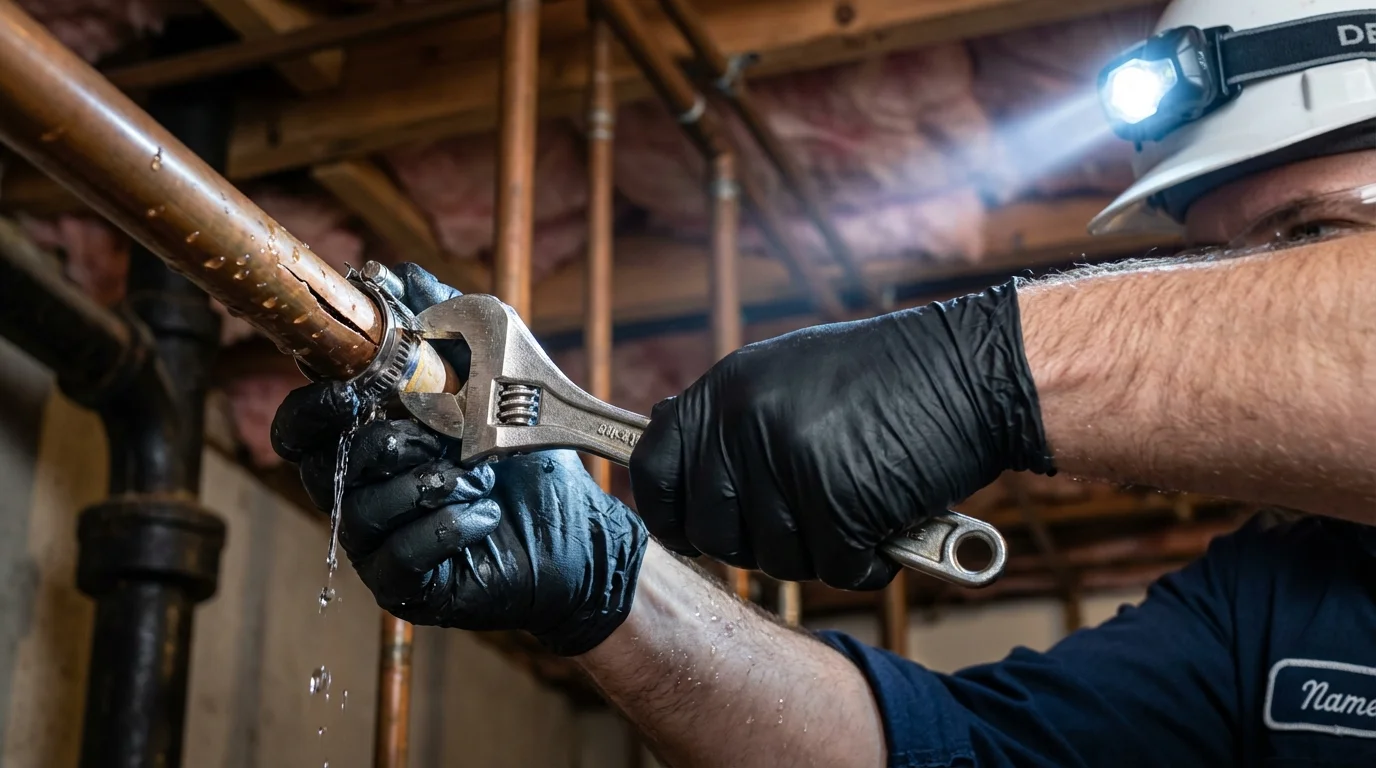 Emergency pipe clamp repair being performed by a Johns Plumbing LLC plumber in Rapid City