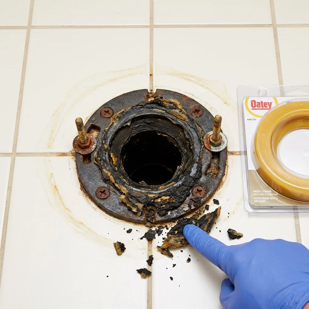 Failed wax ring showing water seepage at the base of a toilet in a Rapid City, MI home