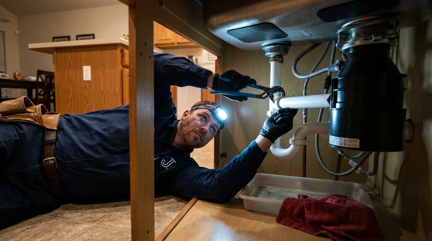 P-trap and supply line connections under a kitchen sink showing a common leak point in Rapid City, MI